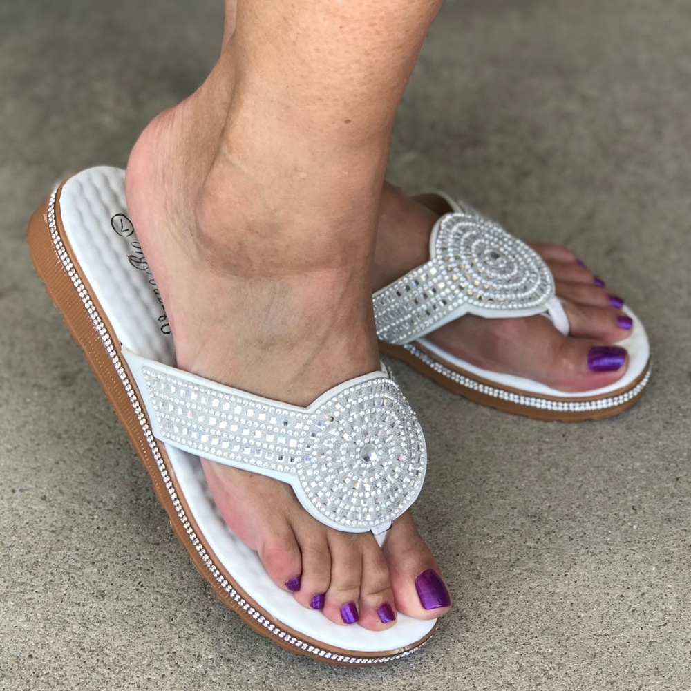 Verano Rio White Bling Thong Flatform Slide Sandal - Picture 2 of 6